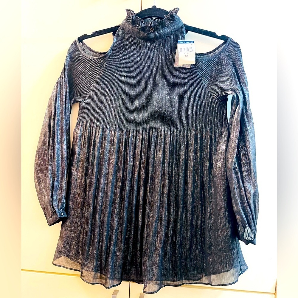 NWT RALPH LAUREN STUNNING BLOUSE COLD SHOULDER HIGH N BLACK Silver Sz S/ P